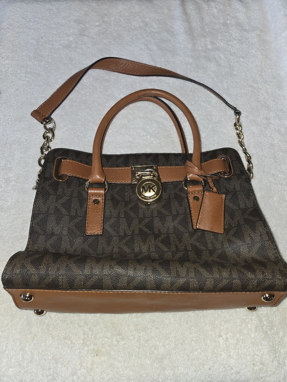 Michael Kors Hamilton Brown Leather Satchel Lock,Gold Tone Hardware